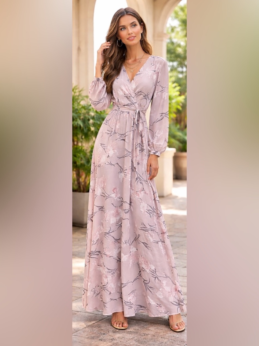 Floral Pink V-Neck Long Sleeve Maxi Dress